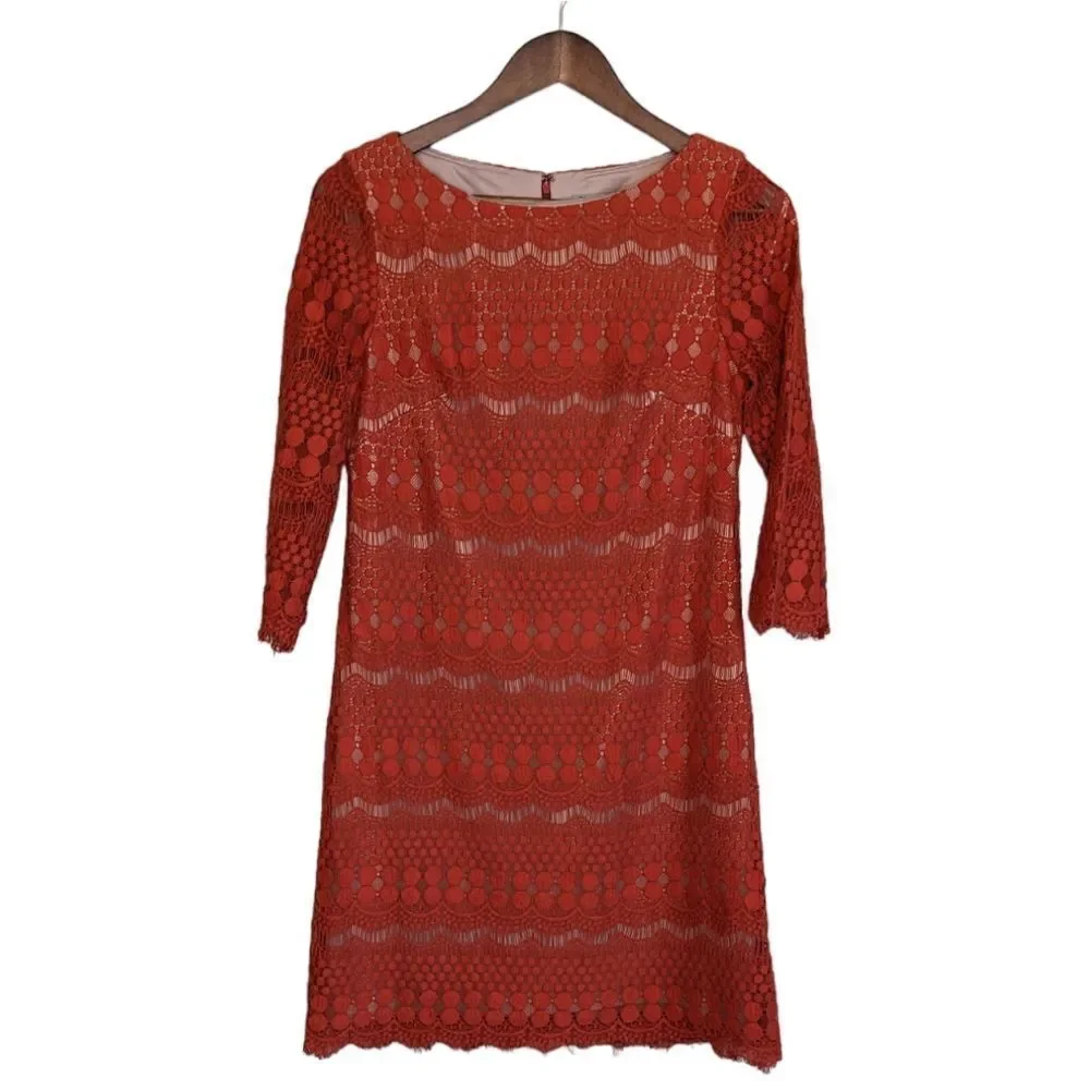 Eliza J Orange Embroidered Lace Overlay Boatneck Sheath Dress 6